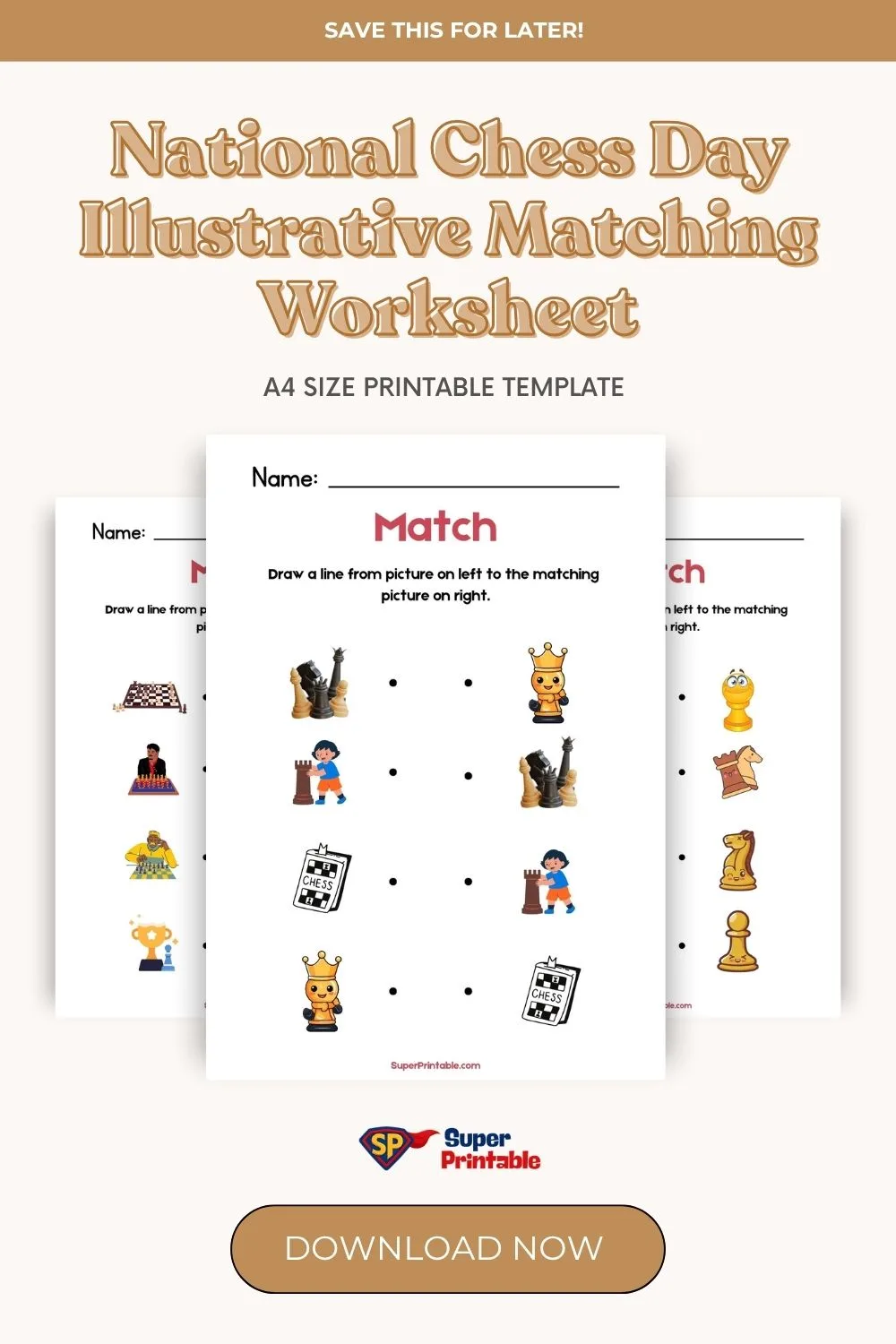 National Chess Day Illustrative Matching Worksheet Pinterest Image