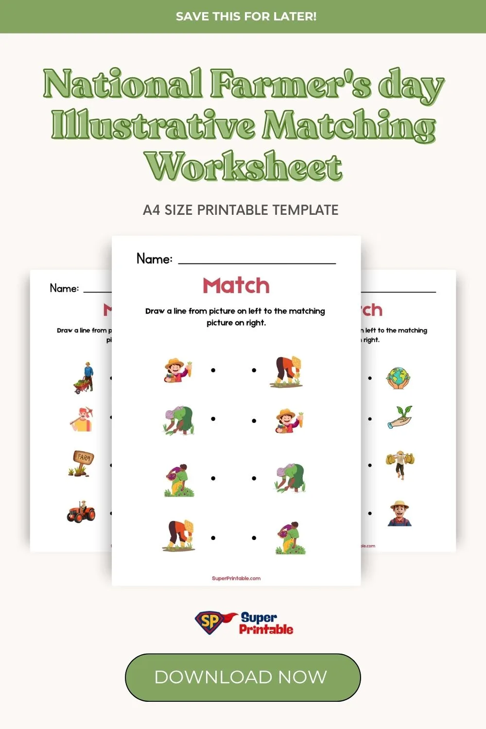 National Farmer's day Illustrative Matching Worksheet Pinterest Image