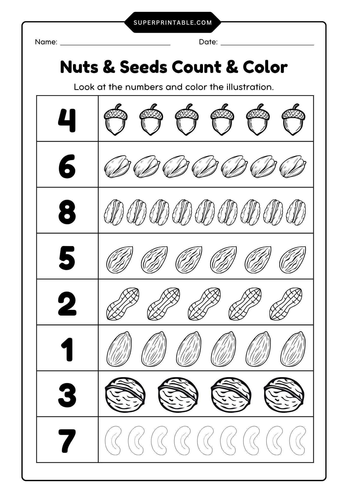 Nuts & Seeds Count & Color Activity Coloring Pages 1