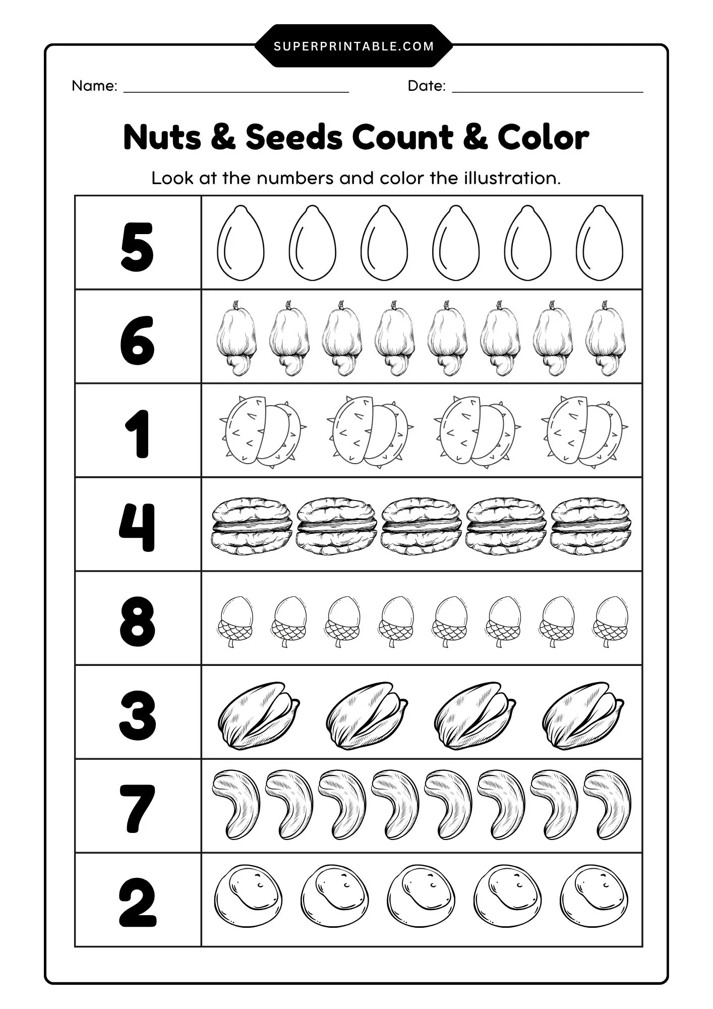 Nuts & Seeds Count & Color Activity Coloring Pages 2