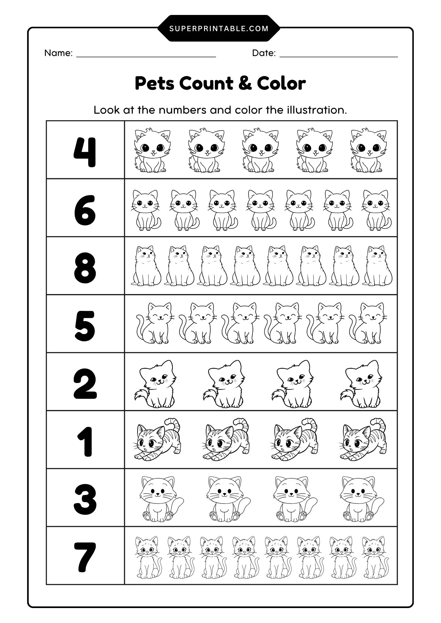 Pets Count & Color Activity Coloring Pages 1