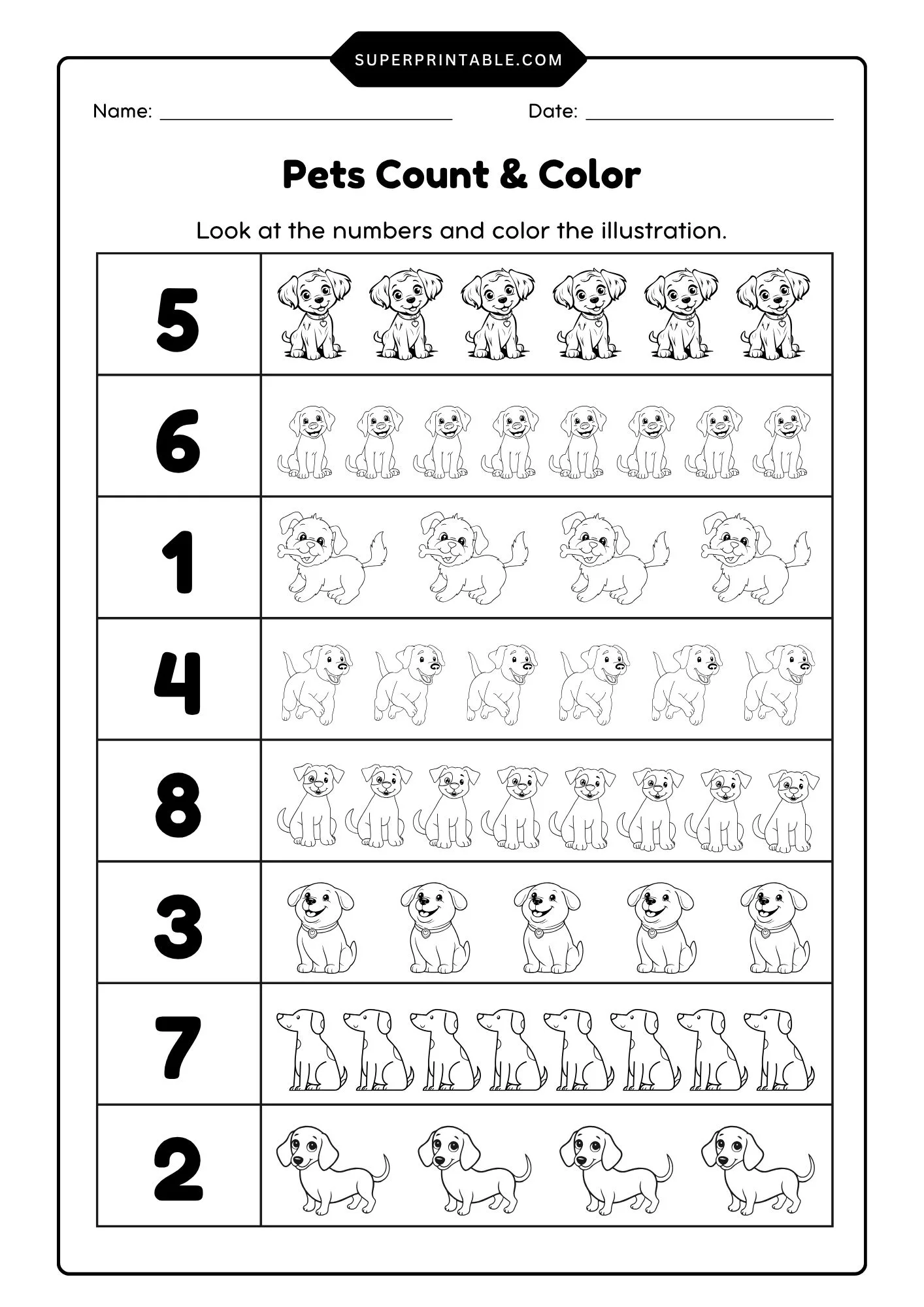 Pets Count & Color Activity Coloring Pages 2