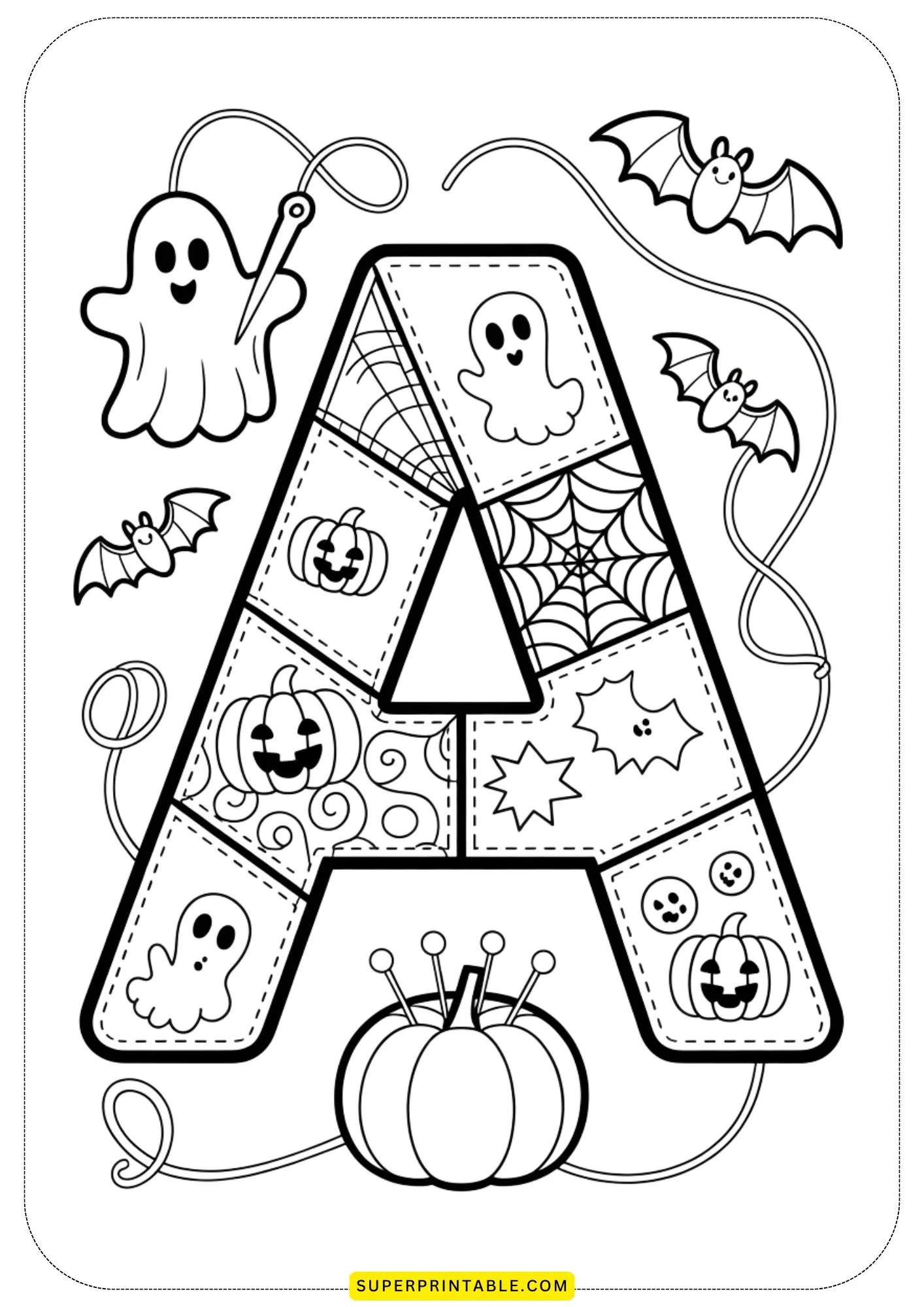 Quilted Halloween Alphabet Coloring Pages for Kids 1
