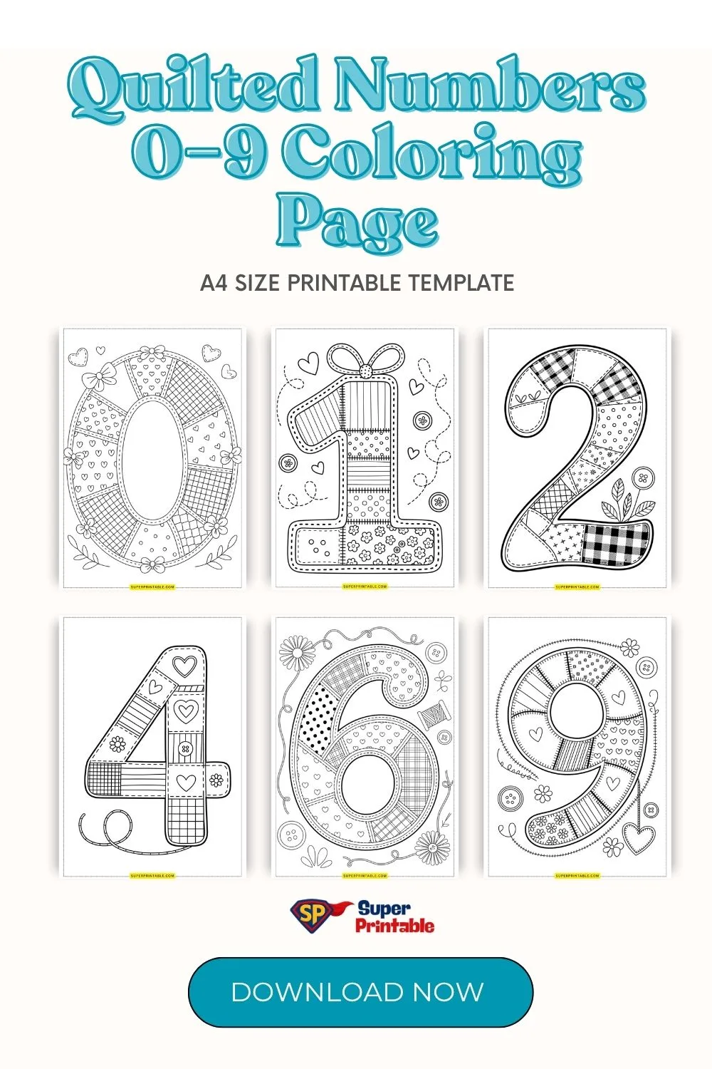 Quilted Numbers 0–9 Coloring Page Pinterest Image