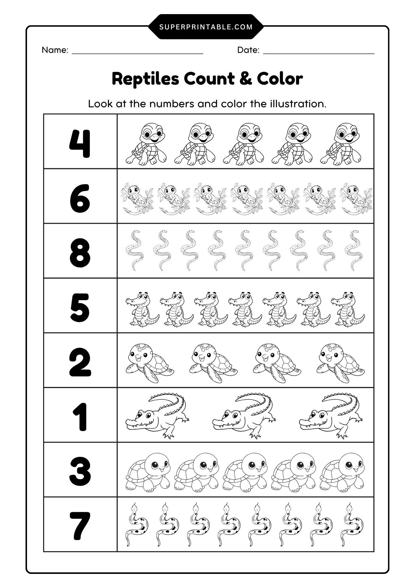 Reptiles Count & Color Activity Coloring Worksheet 1
