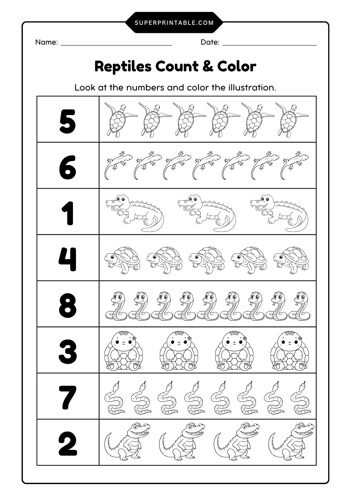 Reptiles Count & Color Activity Coloring Worksheet 2