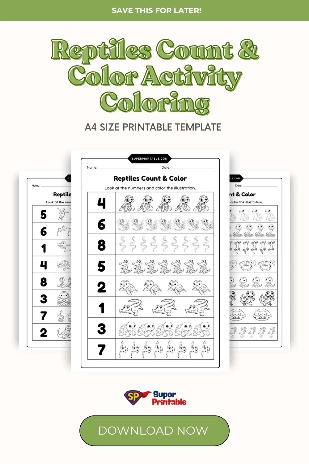 Reptiles Count & Color Activity Coloring Worksheet Pinterest Image