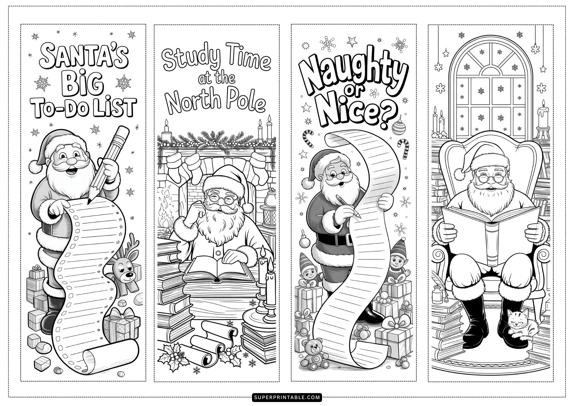 Santa’s Study Time Coloring Bookmarks 1