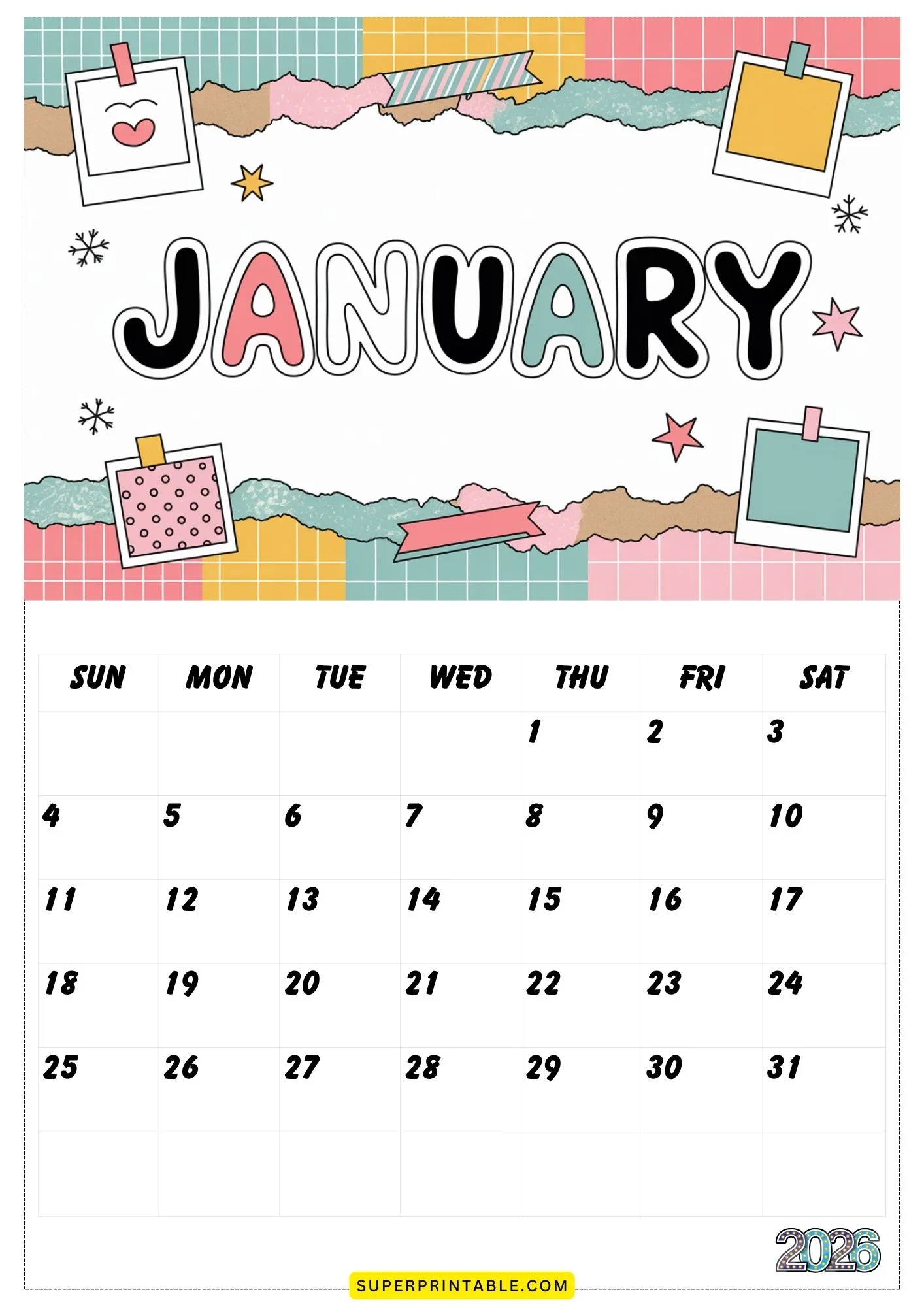 Scrapbook Theme 2026 Printable Calendar 1