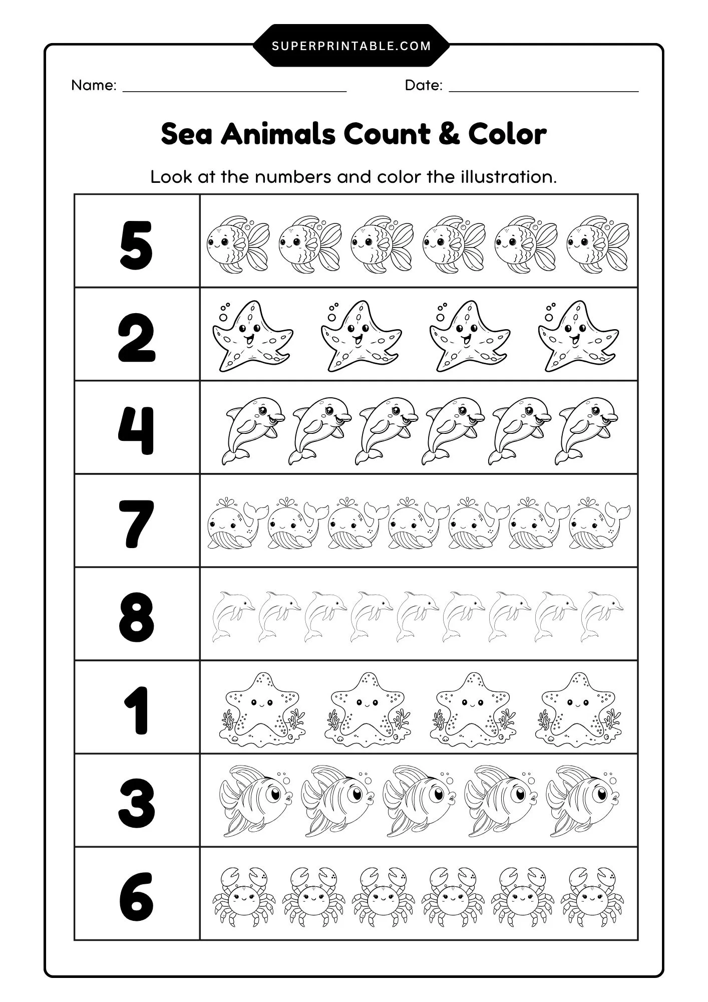 Sea Animals Count & Color Activity Coloring Pages 1