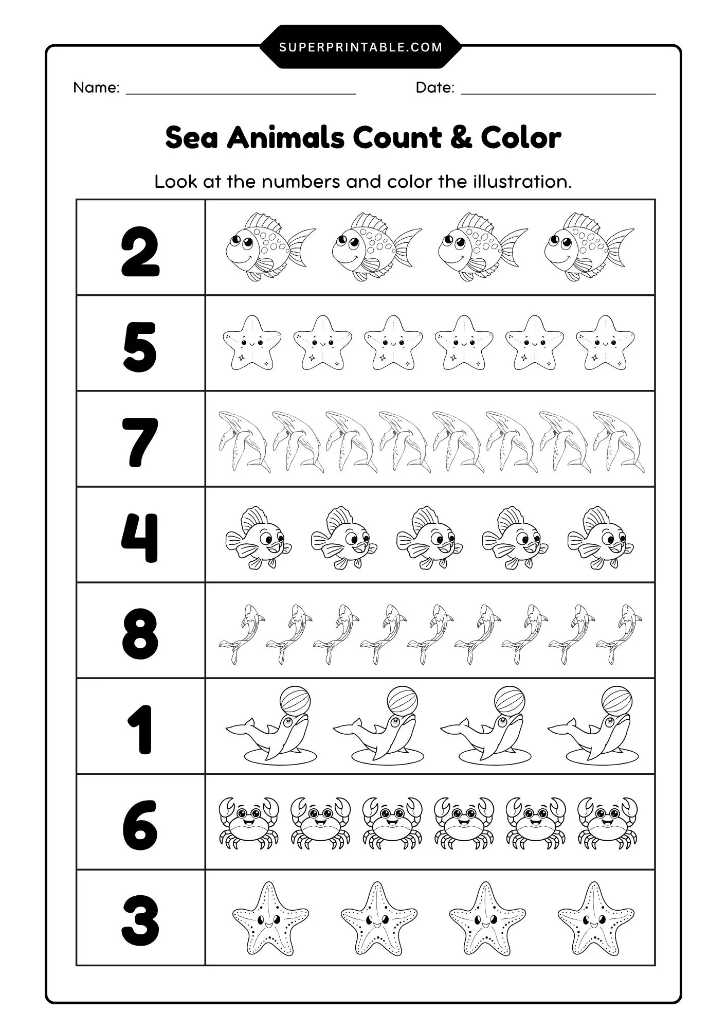 Sea Animals Count & Color Activity Coloring Pages 2