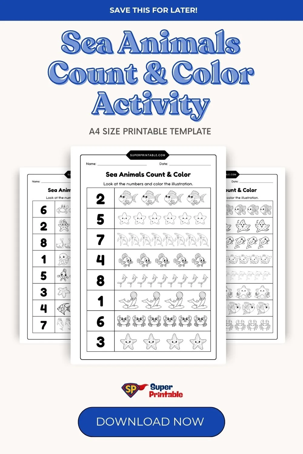 Sea Animals Count & Color Activity Coloring Pages Pinterest Image