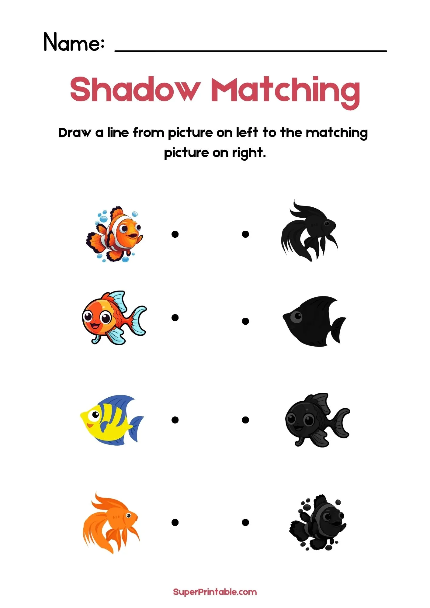 Sea Animals Find The Shadow Matching Worksheet 1