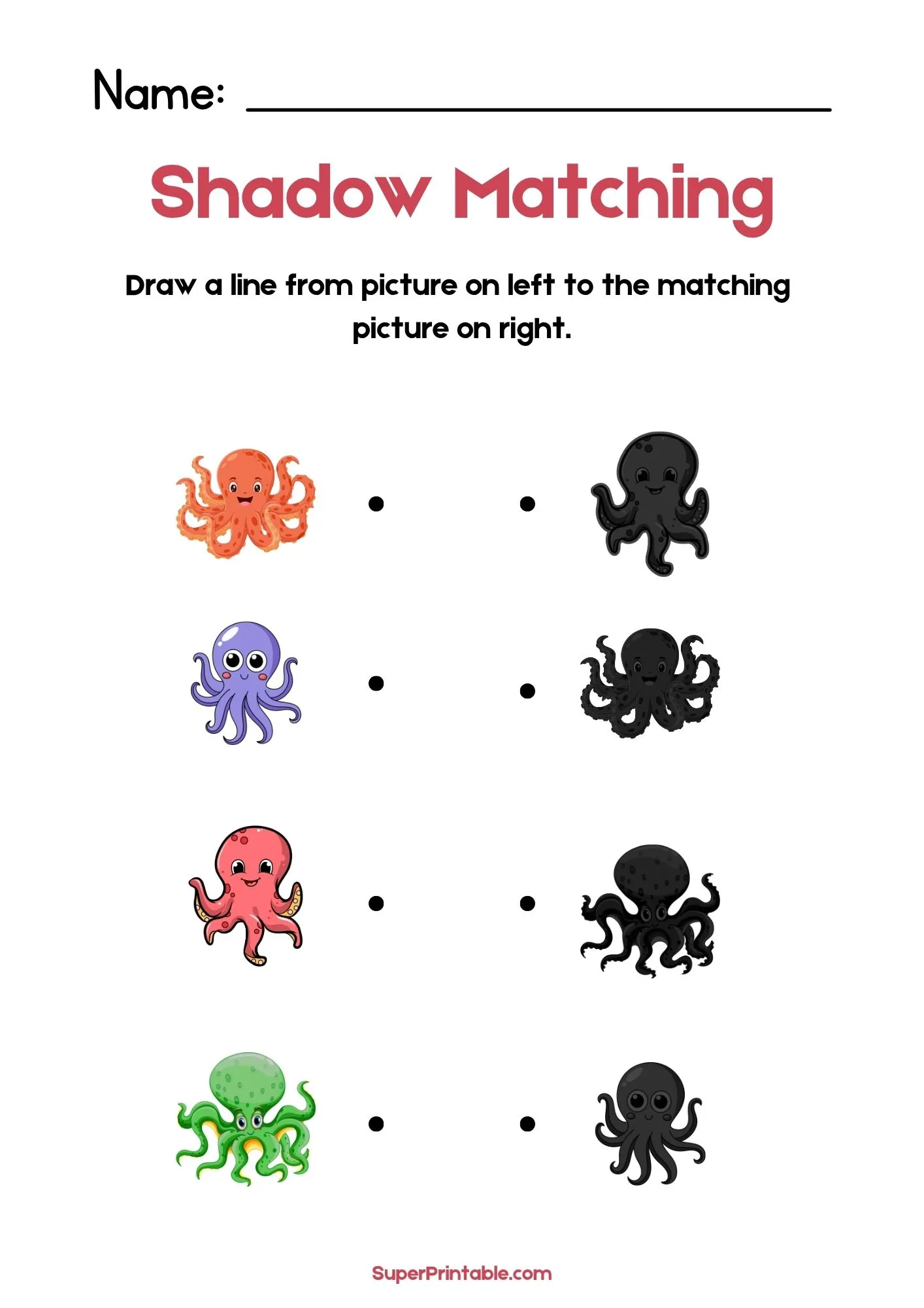 Sea Animals Find The Shadow Matching Worksheet 2