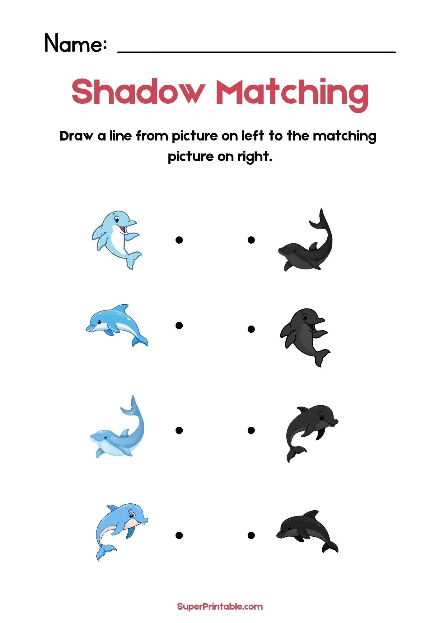 Sea Animals Find The Shadow Matching Worksheet 3