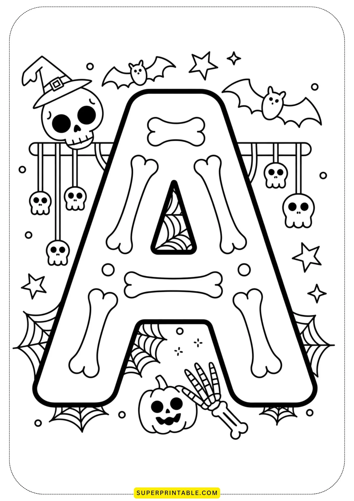 Skeleton & Bones Alphabet Coloring Pages 1