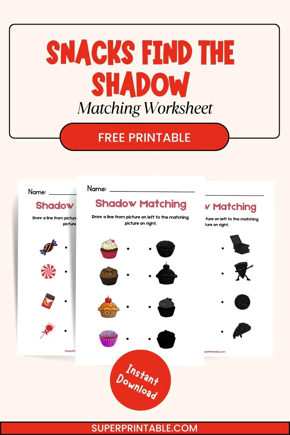 Snacks Find The Shadow Matching Worksheet Pinterest Image
