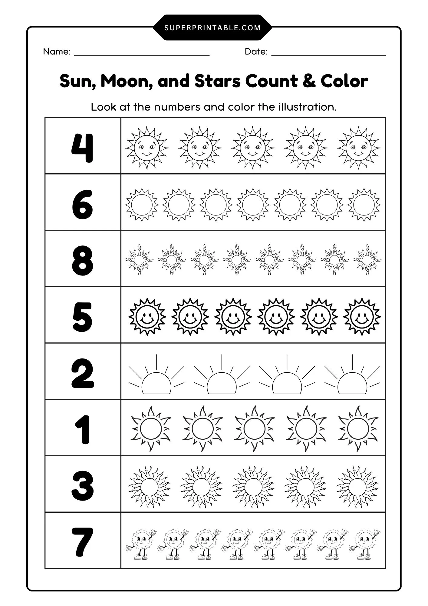 Sun, Moon, and Stars Count & Color Activity Coloring Pages 1