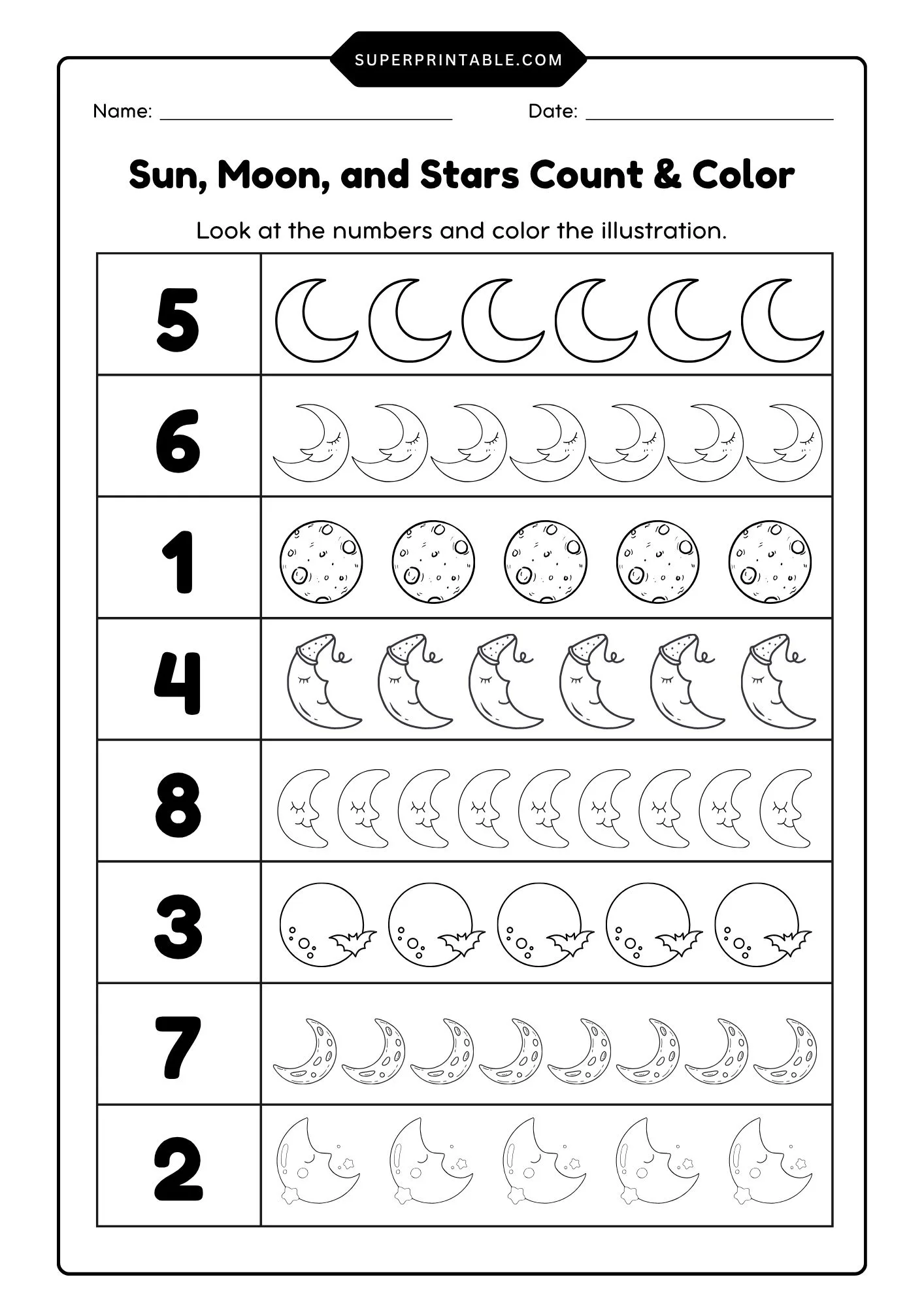 Sun, Moon, and Stars Count & Color Activity Coloring Pages 2