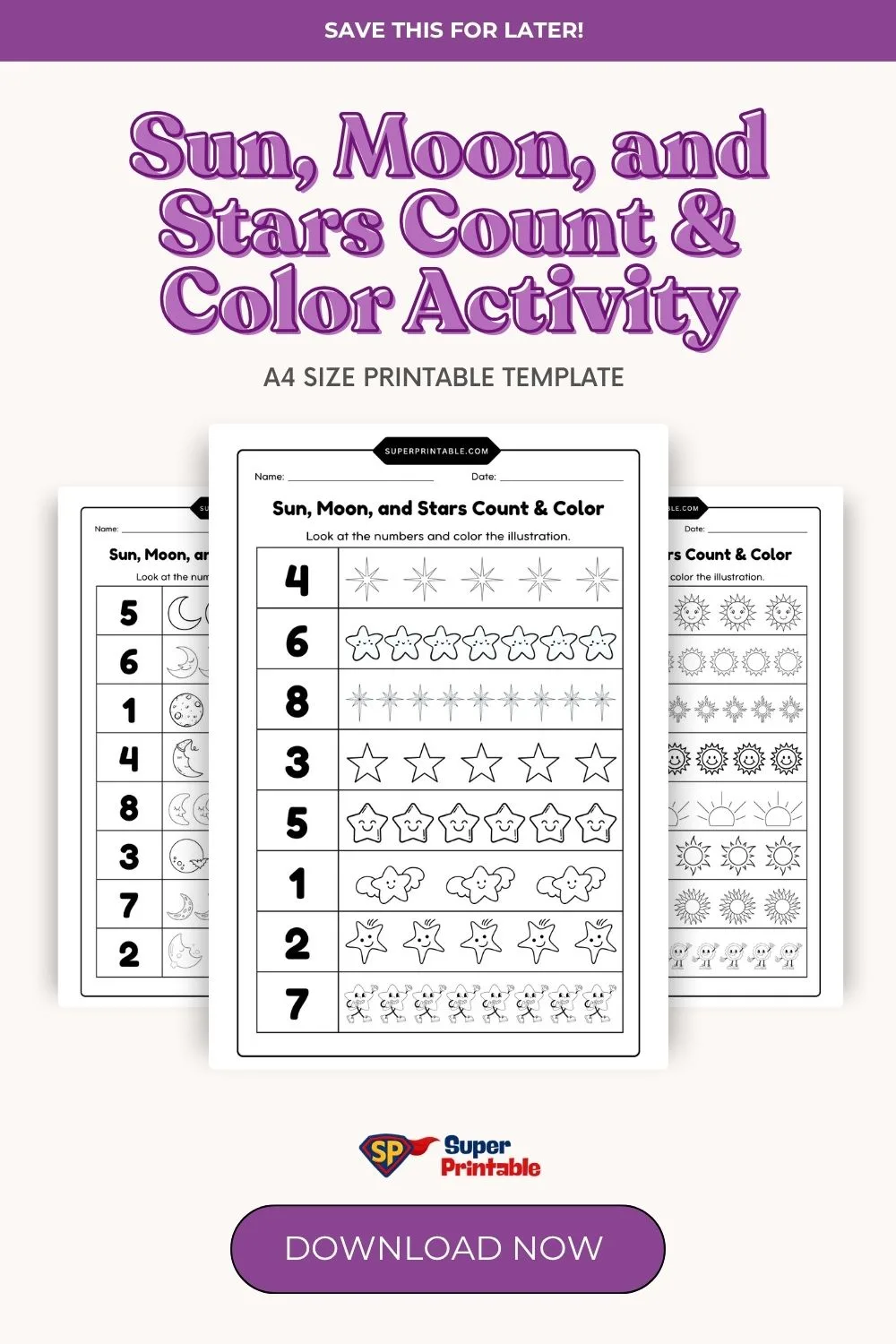 Sun, Moon, and Stars Count & Color Activity Pinterest Image