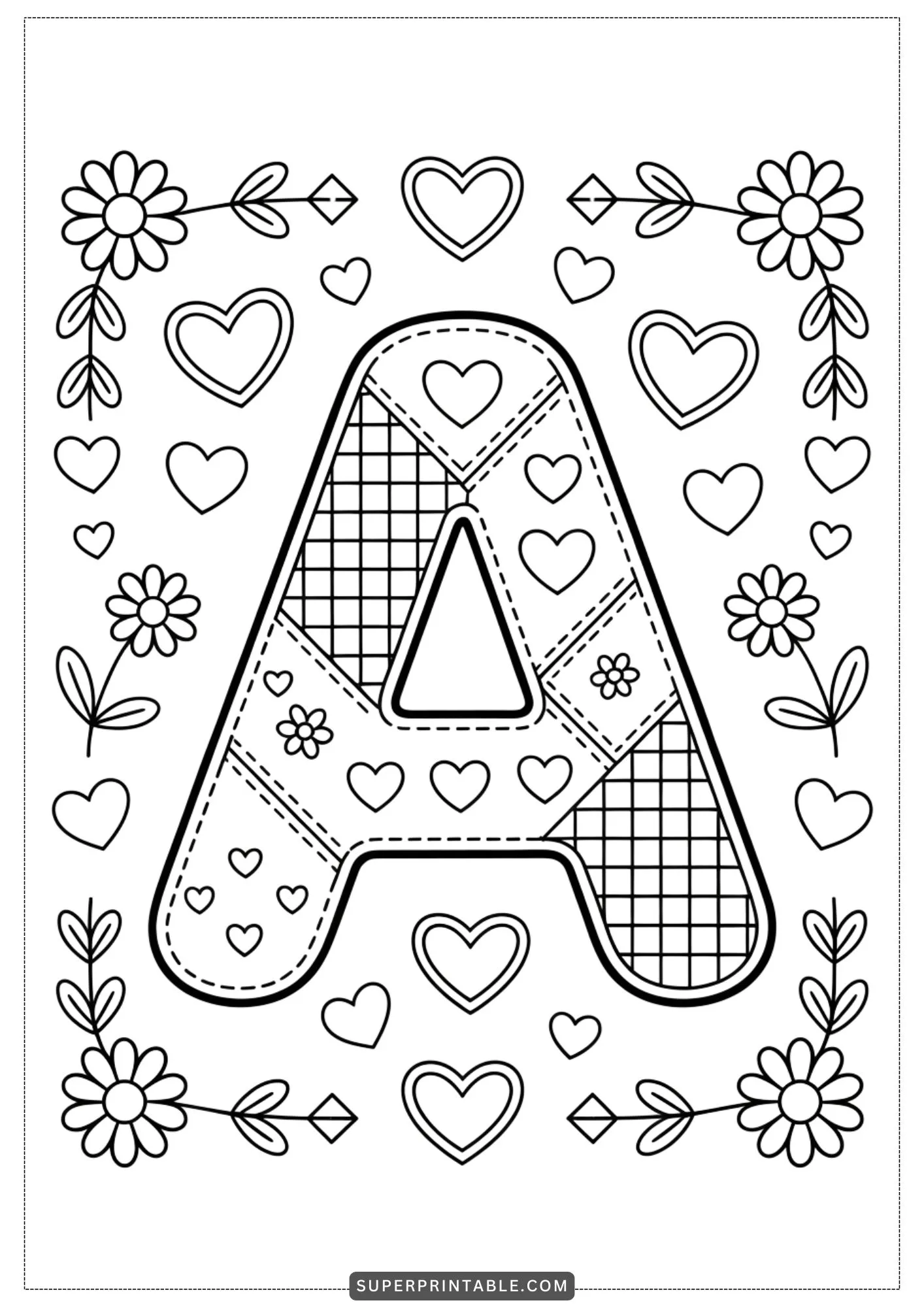 Valentine Patchwork Alphabet Coloring Pages 1
