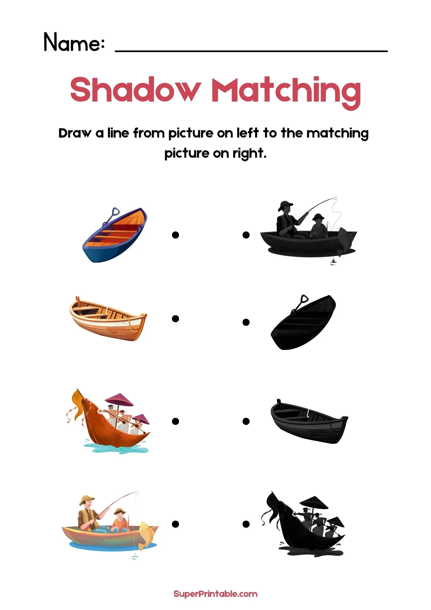 Water Vehicles & Transport Find The Shadow Matching Worksheet 1