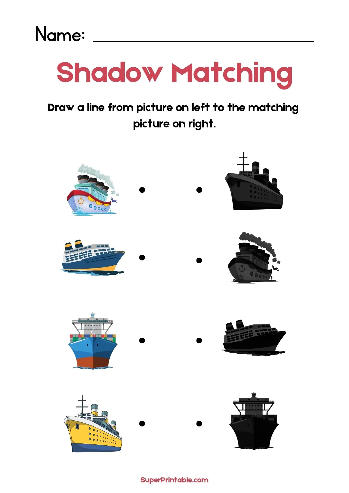 Water Vehicles & Transport Find The Shadow Matching Worksheet 2
