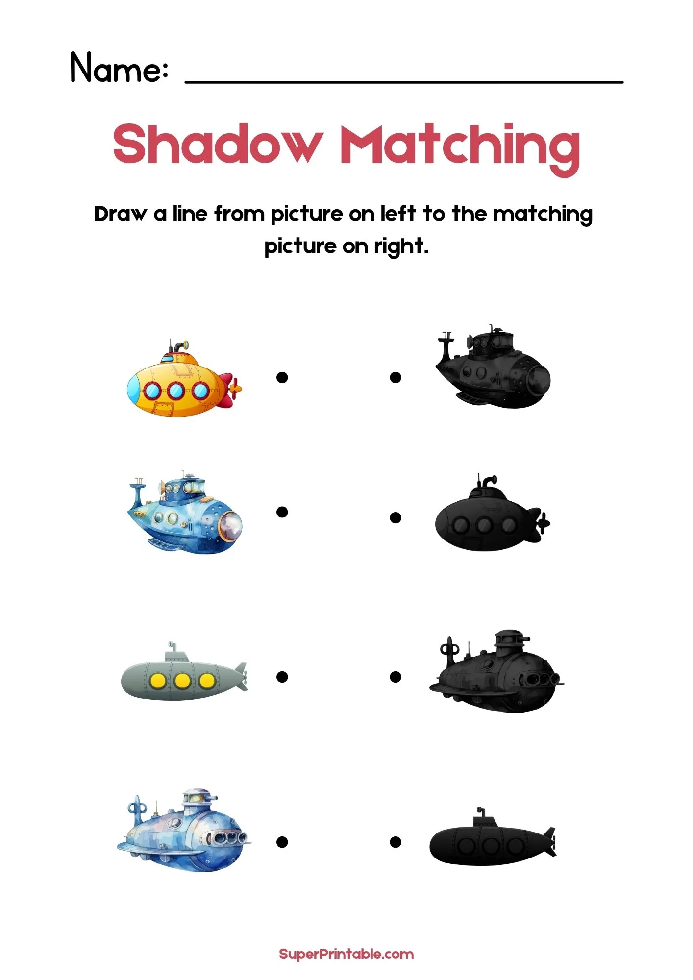 Water Vehicles & Transport Find The Shadow Matching Worksheet 3