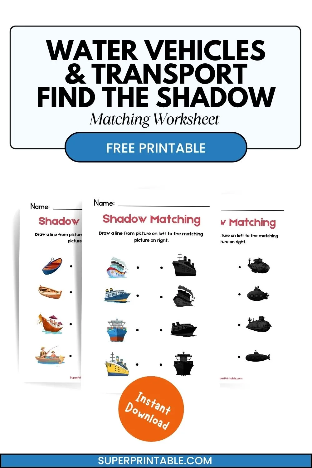 Water Vehicles & Transport Find The Shadow Matching Worksheet Pinterest Image