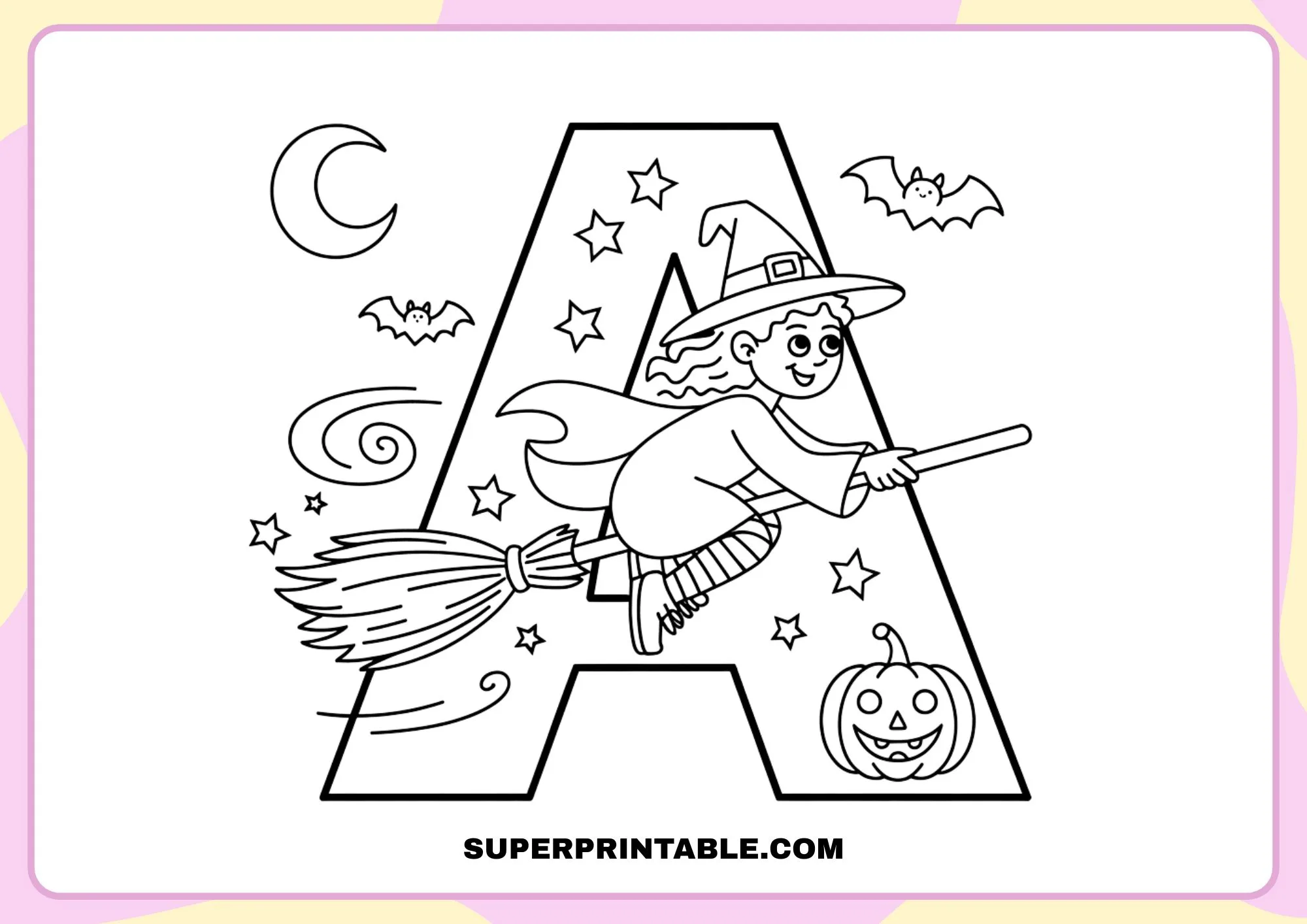 Witch on a Broom Halloween Alphabet Coloring Pages for Kids 1