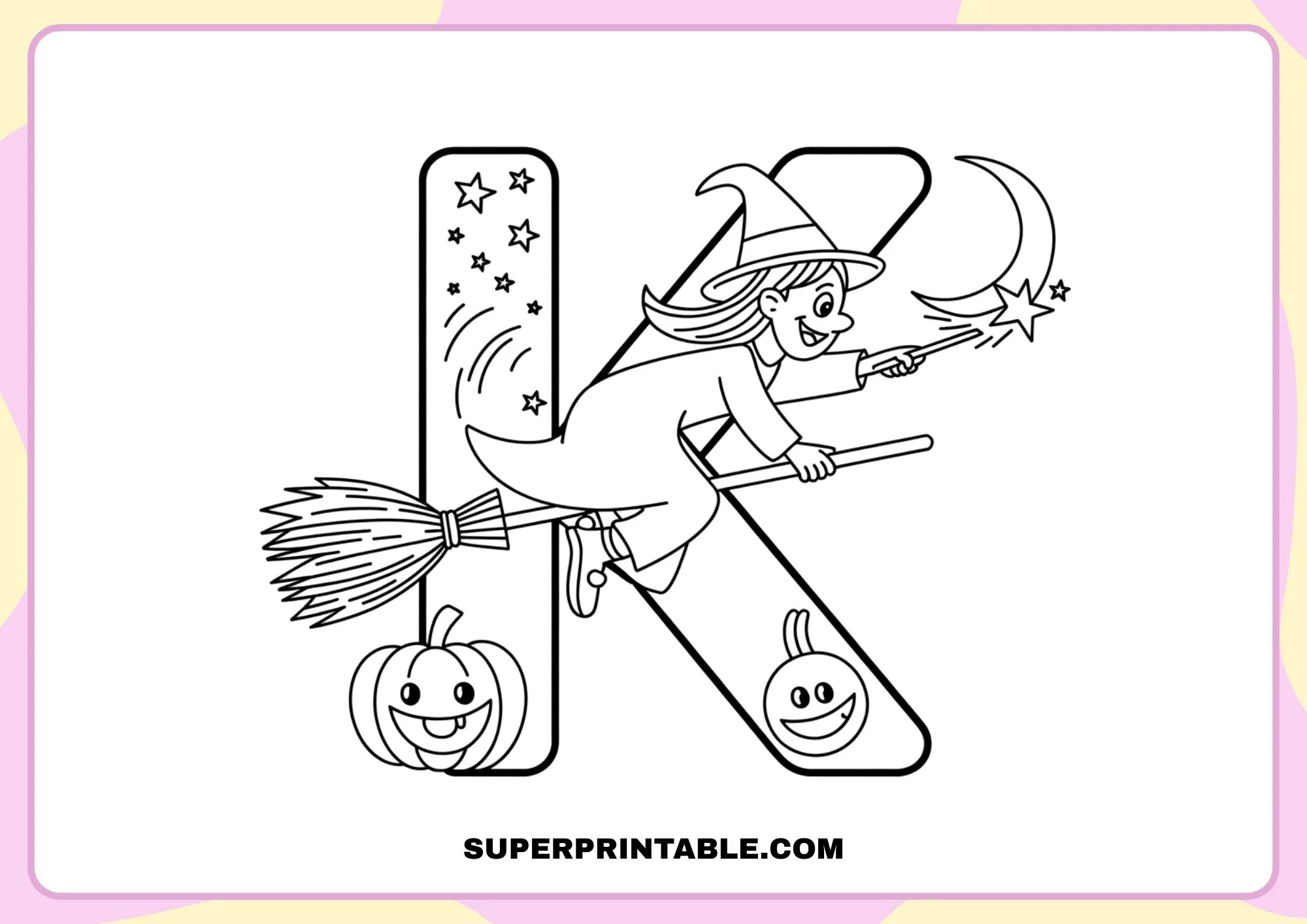 Witch on a Broom Halloween Alphabet Coloring Pages for Kids 11