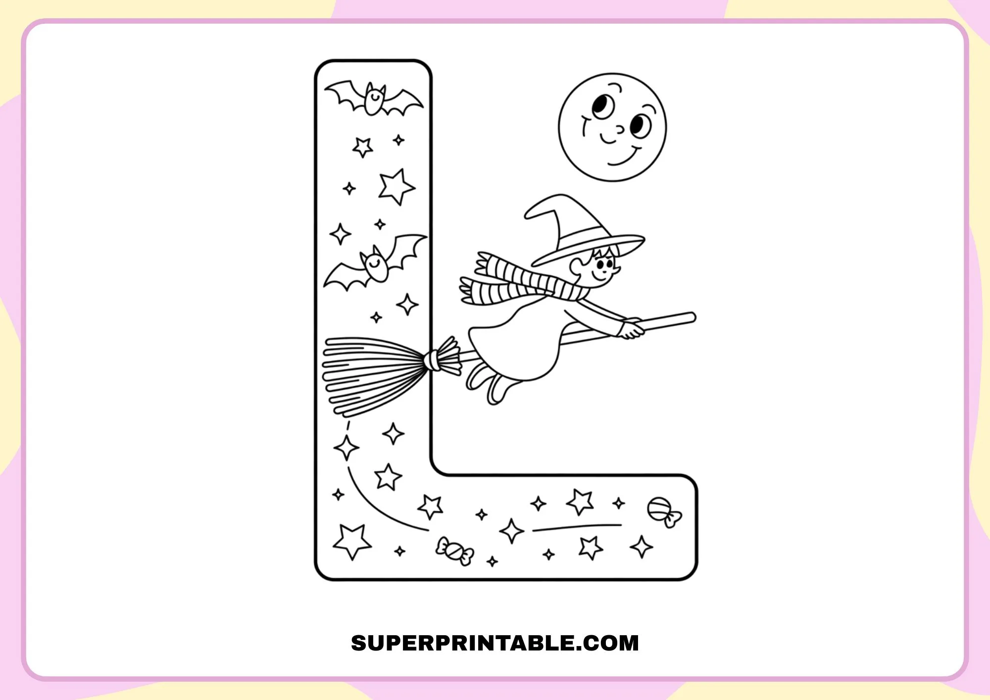 Witch on a Broom Halloween Alphabet Coloring Pages for Kids 12