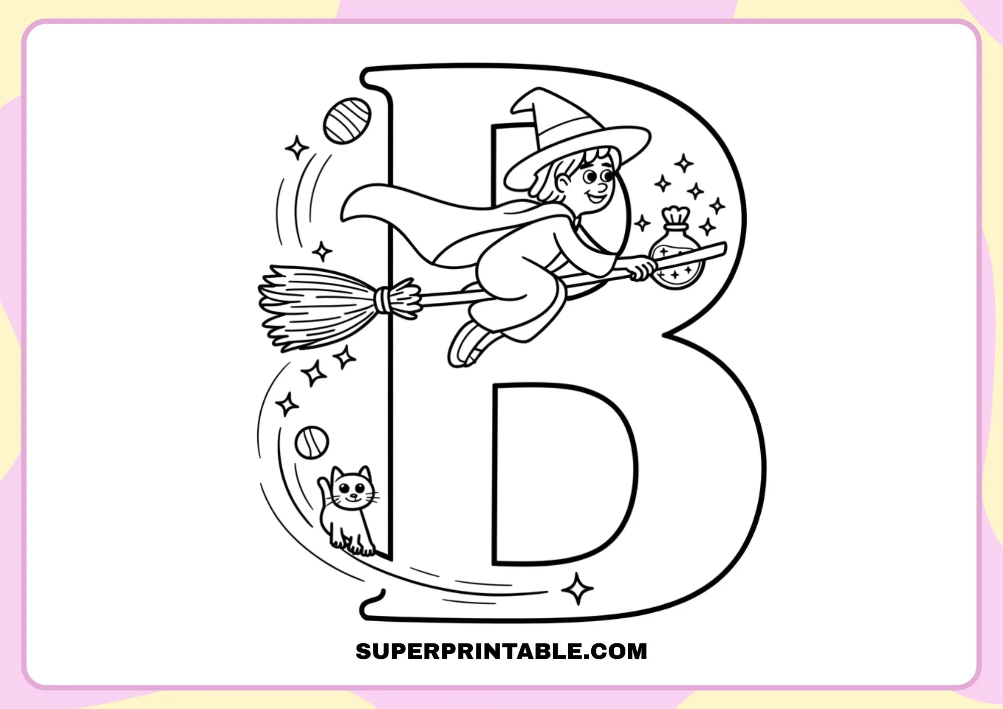 Witch on a Broom Halloween Alphabet Coloring Pages for Kids 2
