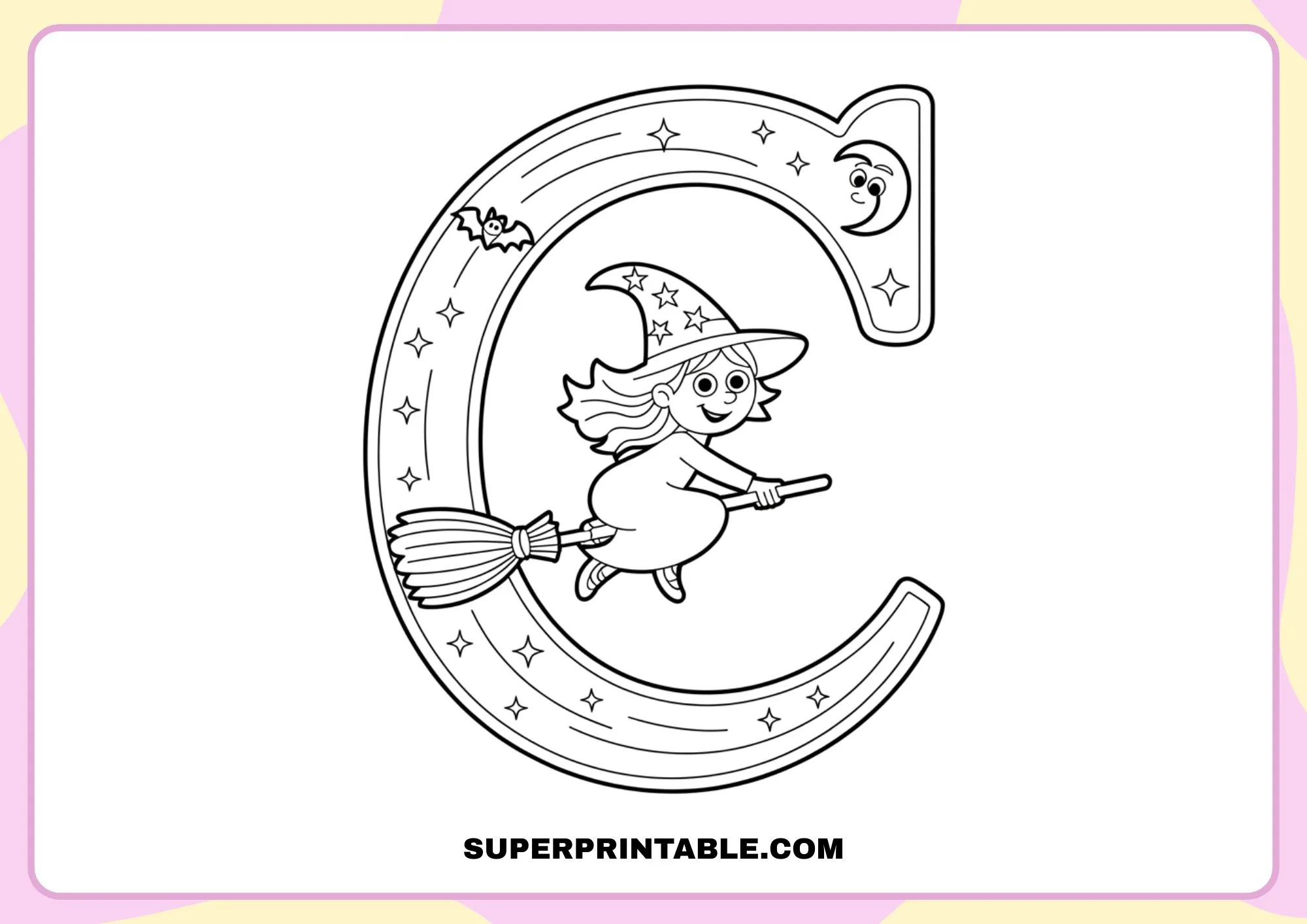Witch on a Broom Halloween Alphabet Coloring Pages for Kids 3