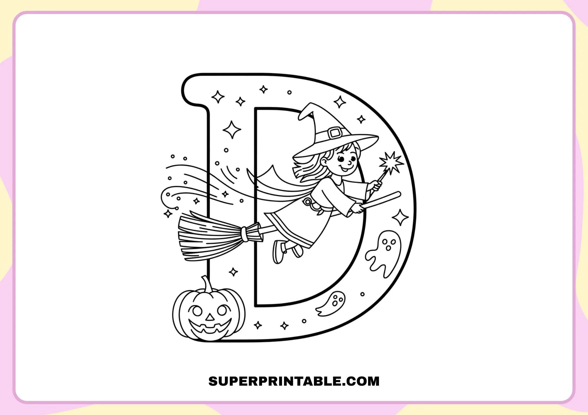 Witch on a Broom Halloween Alphabet Coloring Pages for Kids 4