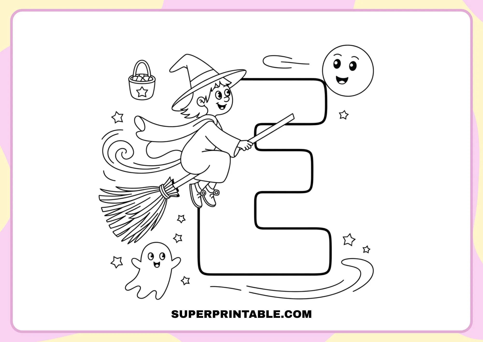 Witch on a Broom Halloween Alphabet Coloring Pages for Kids 5