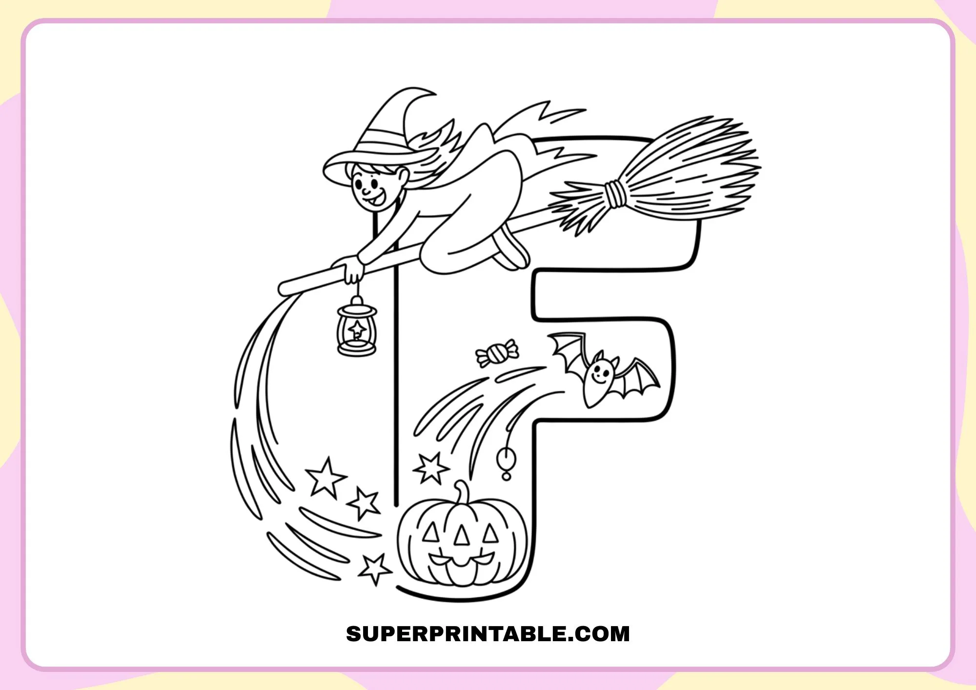 Witch on a Broom Halloween Alphabet Coloring Pages for Kids 6