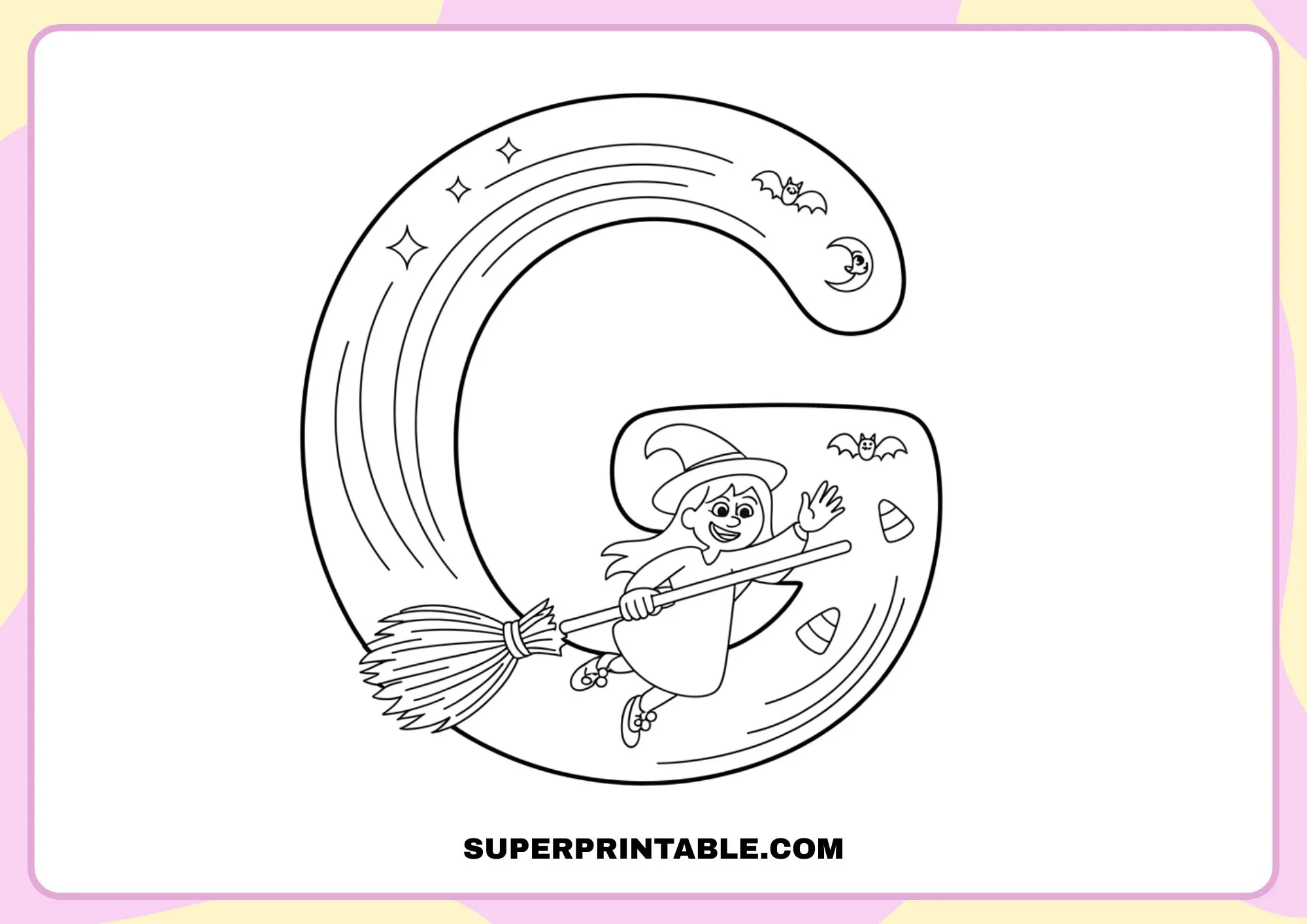 Witch on a Broom Halloween Alphabet Coloring Pages for Kids 7