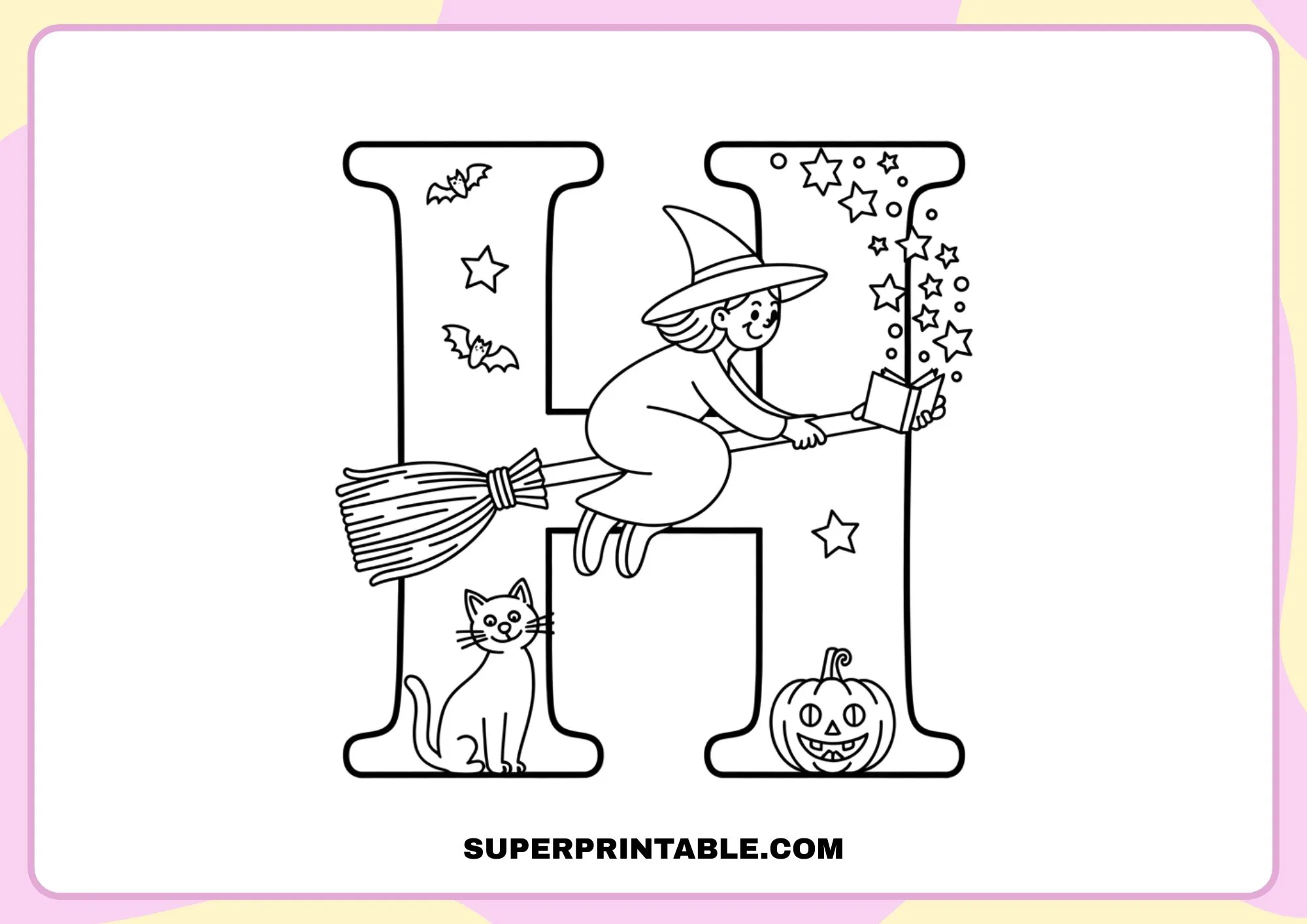 Witch on a Broom Halloween Alphabet Coloring Pages for Kids 8