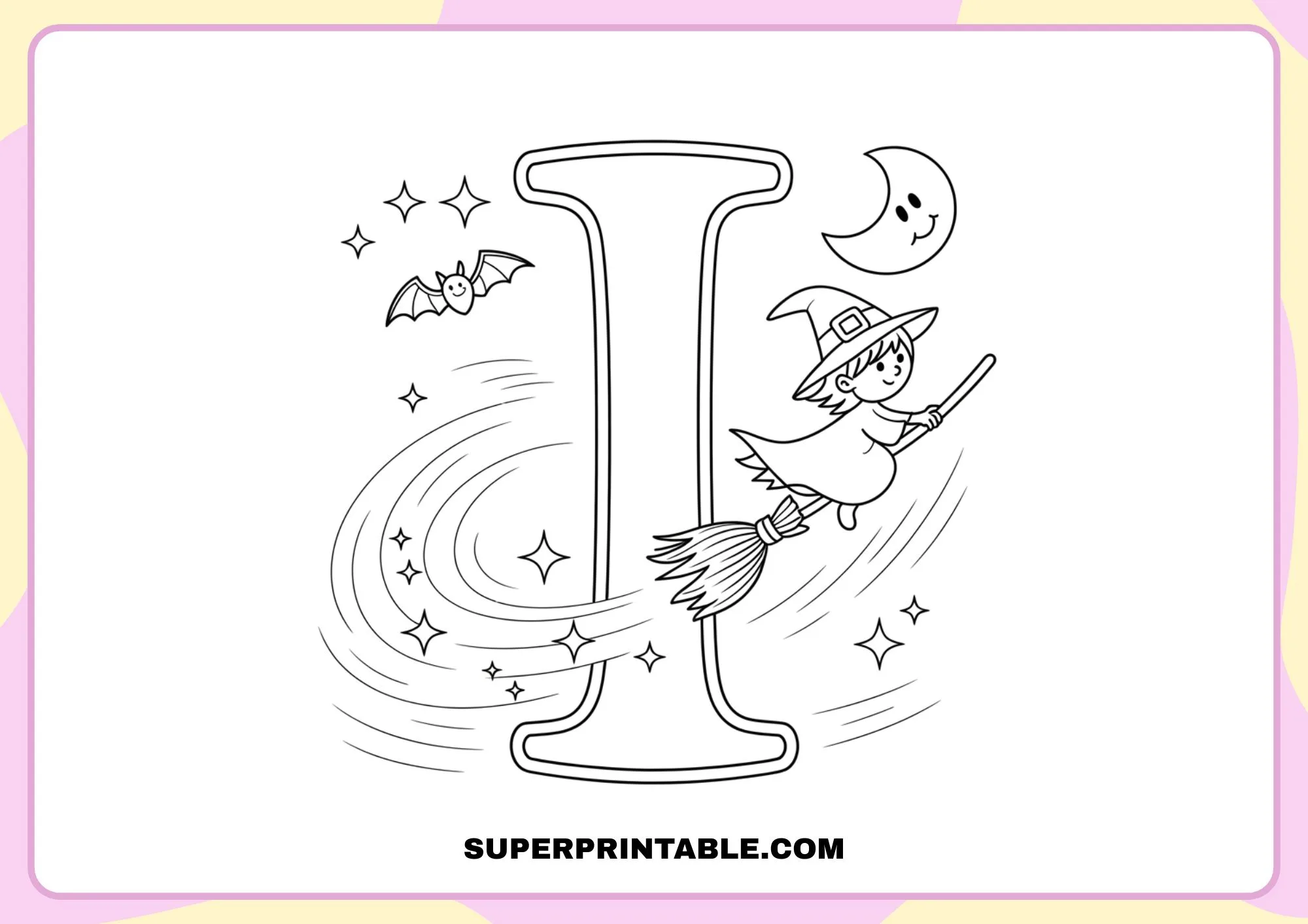 Witch on a Broom Halloween Alphabet Coloring Pages for Kids 9