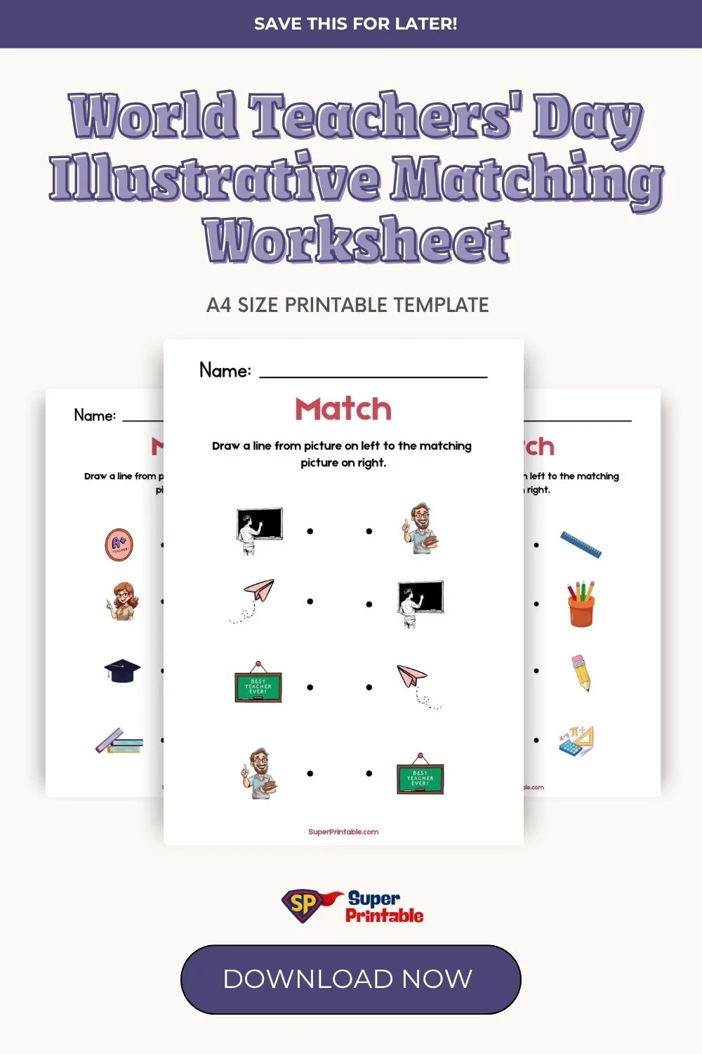 World Teachers' Day Illustrative Matching Worksheet Pinterest Image