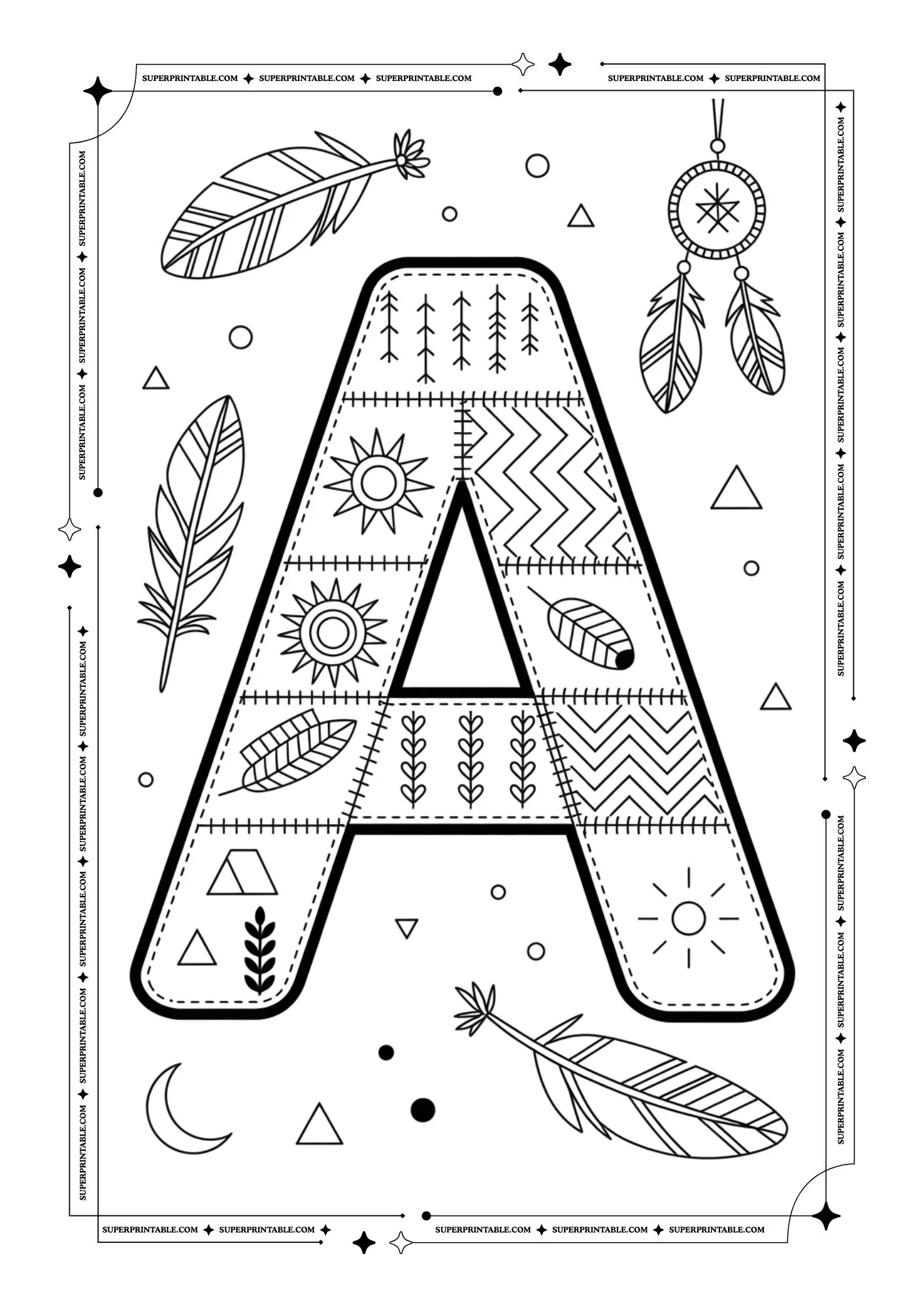 Boho Tribal Patchwork Alphabet Coloring Pages 1
