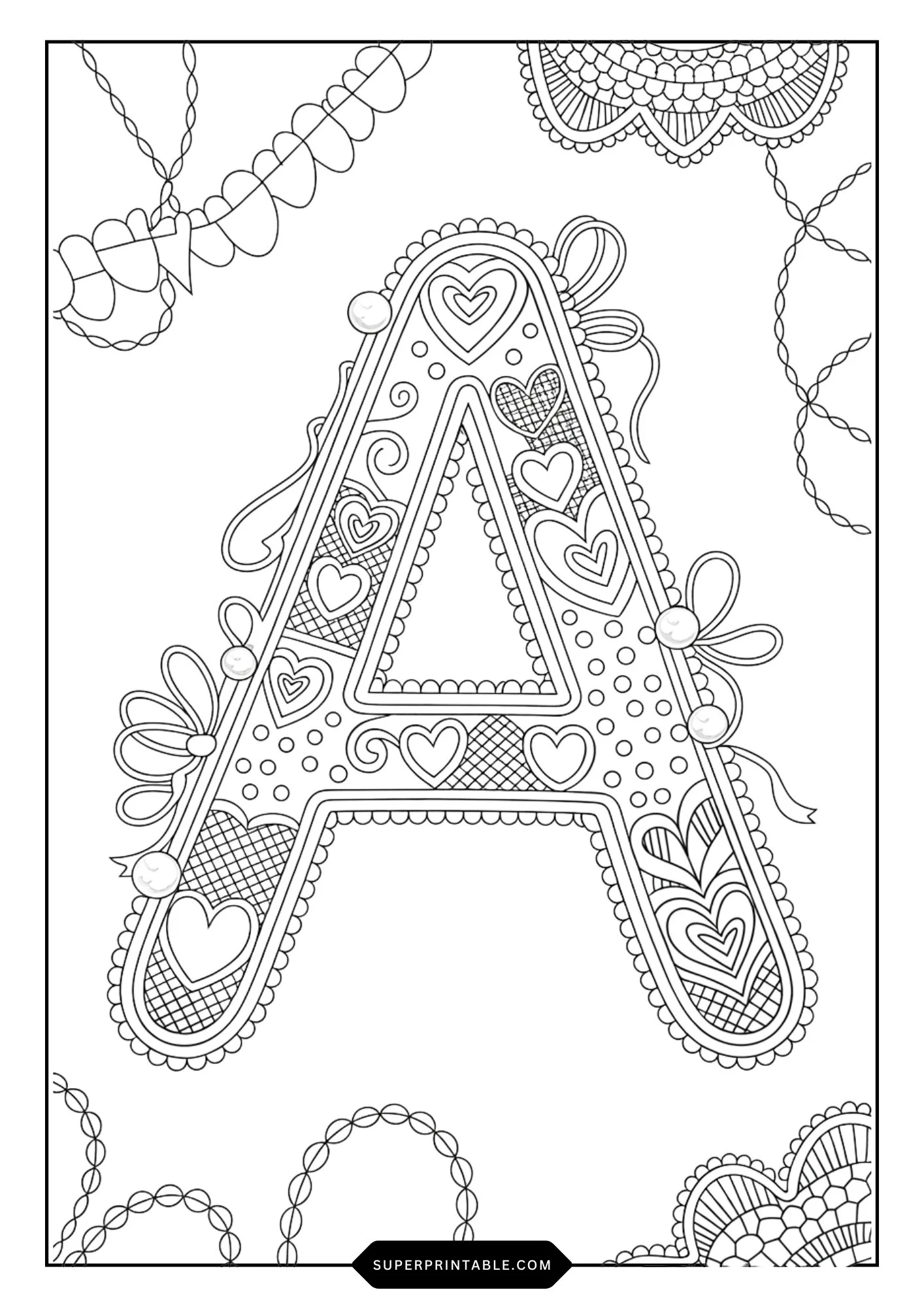 Festive Ribbon & Heart Alphabet Coloring Pages 1