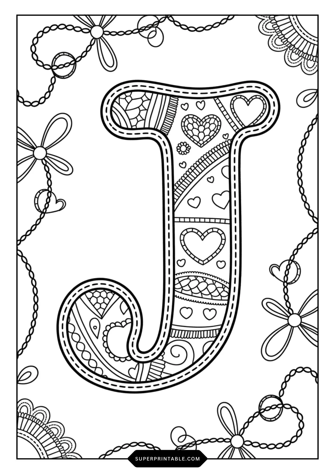 Festive Ribbon & Heart Alphabet Coloring Pages 10