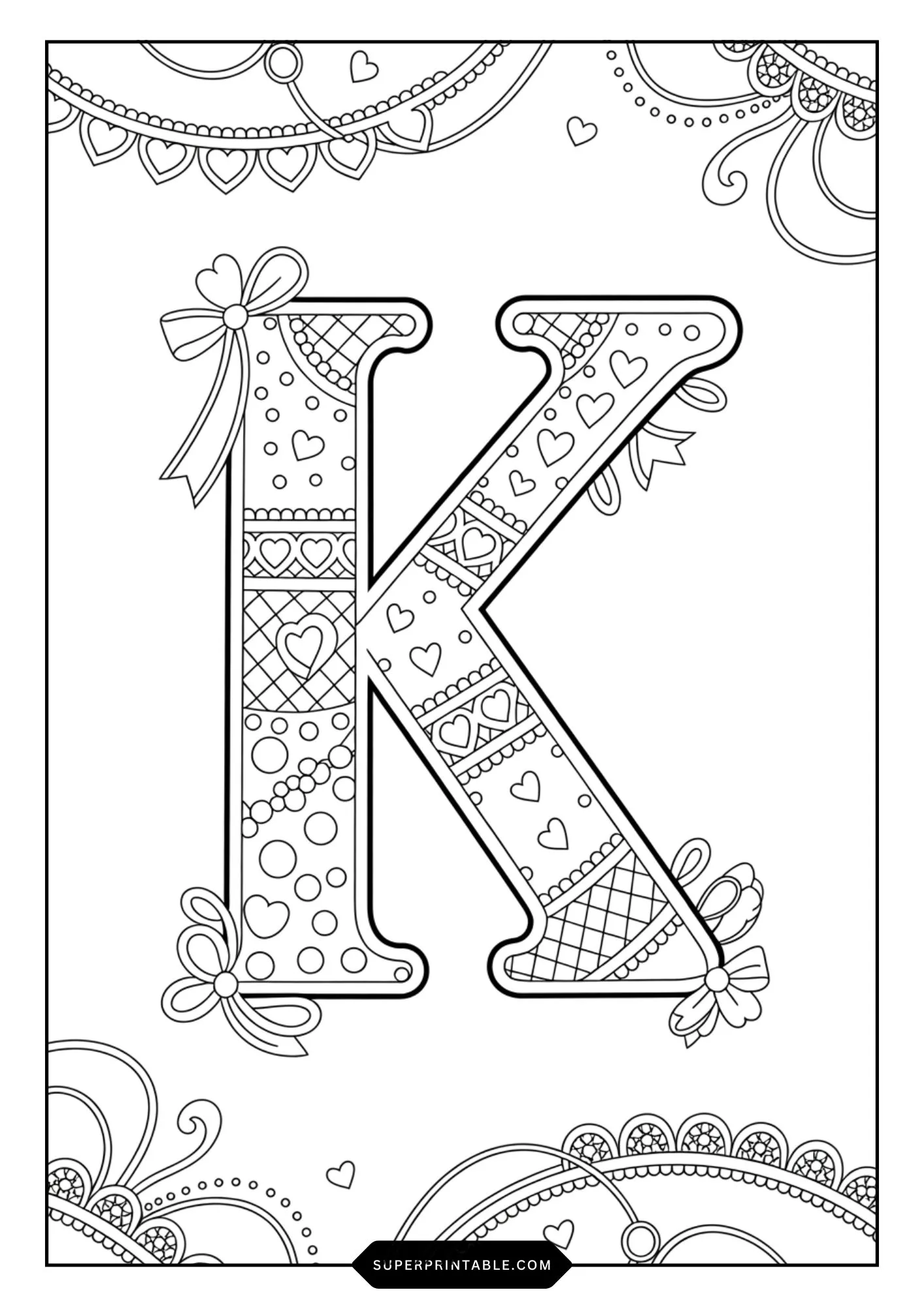 Festive Ribbon & Heart Alphabet Coloring Pages 11