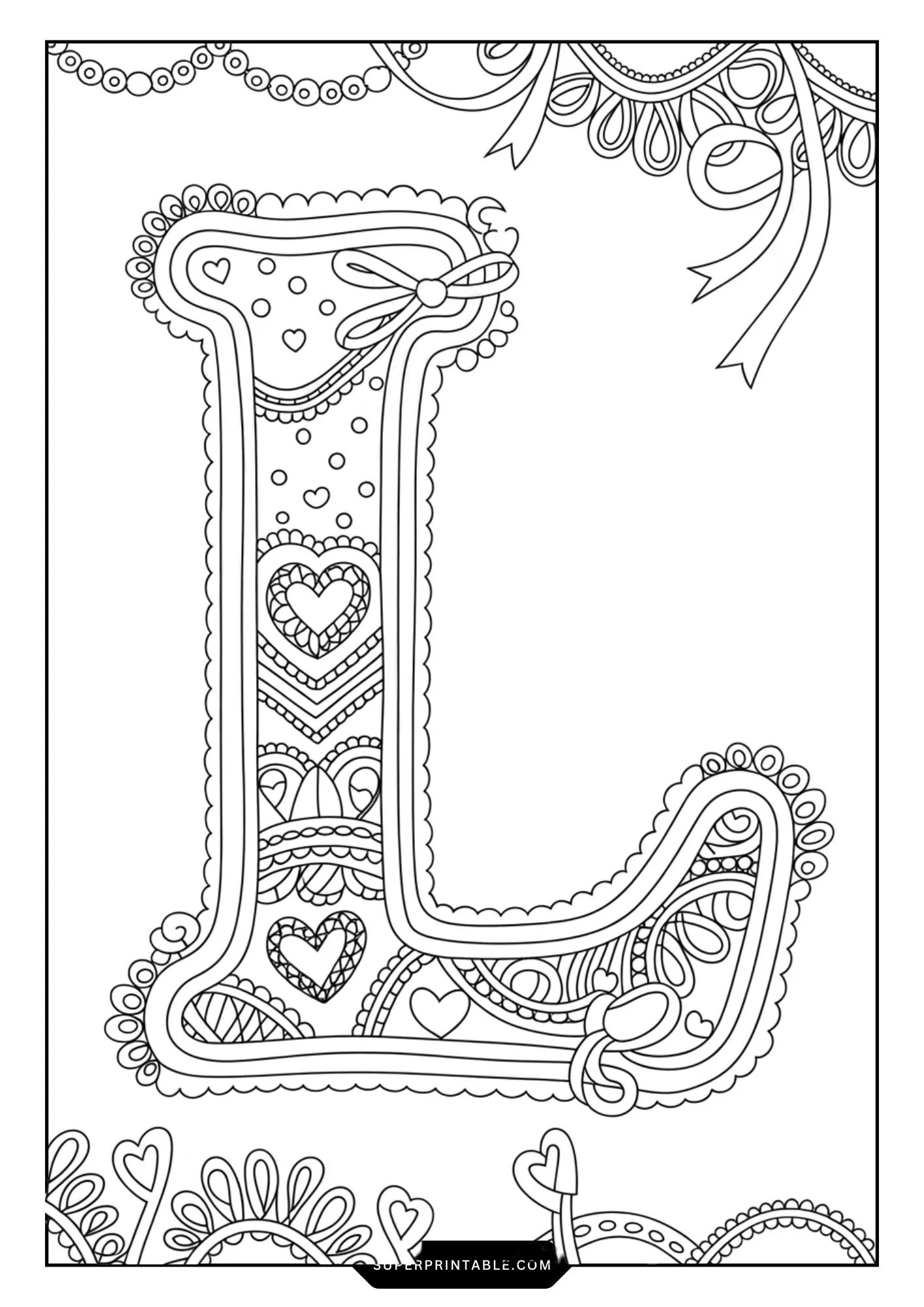 Festive Ribbon & Heart Alphabet Coloring Pages 12