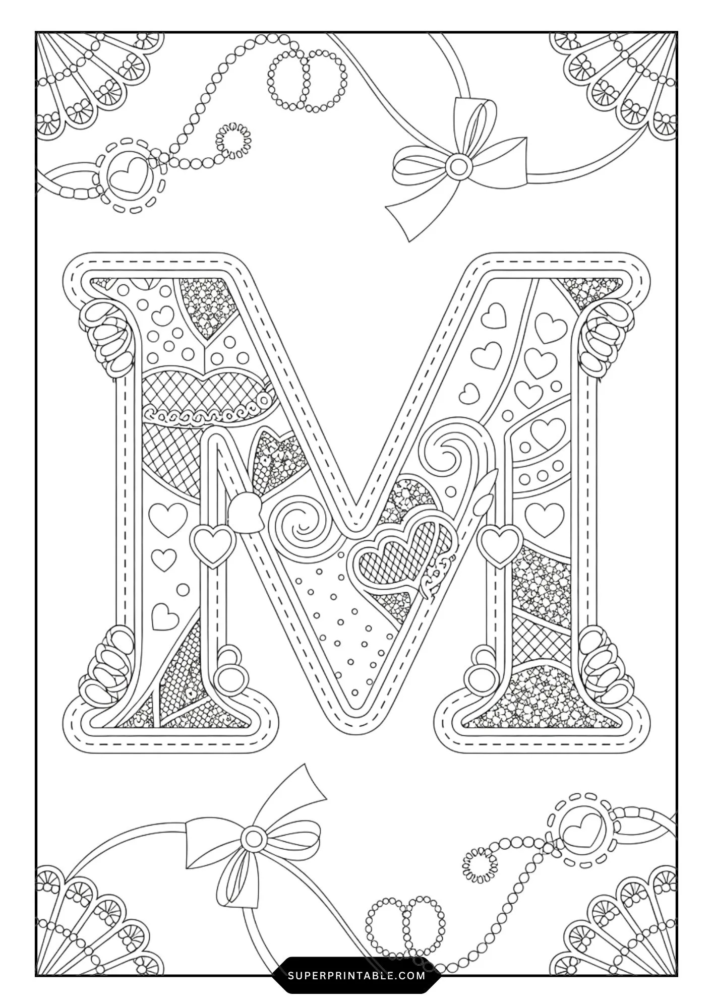 Festive Ribbon & Heart Alphabet Coloring Pages 13
