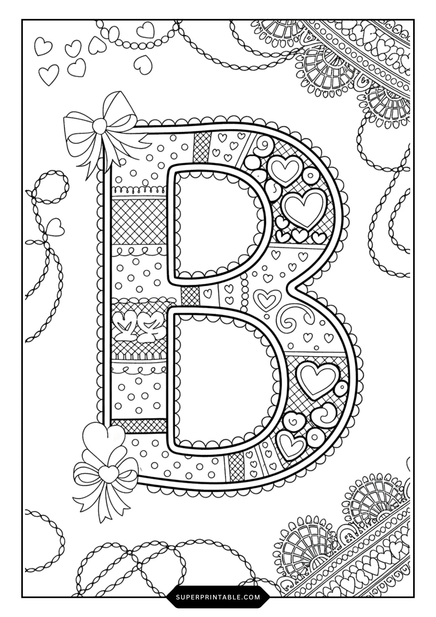 Festive Ribbon & Heart Alphabet Coloring Pages 2