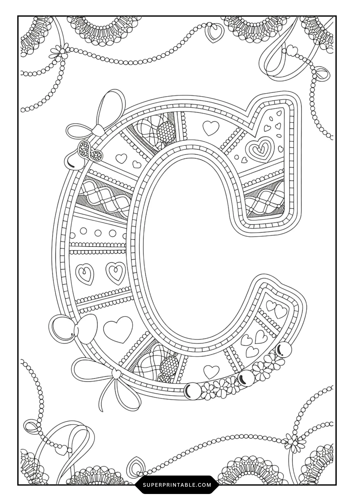 Festive Ribbon & Heart Alphabet Coloring Pages 3