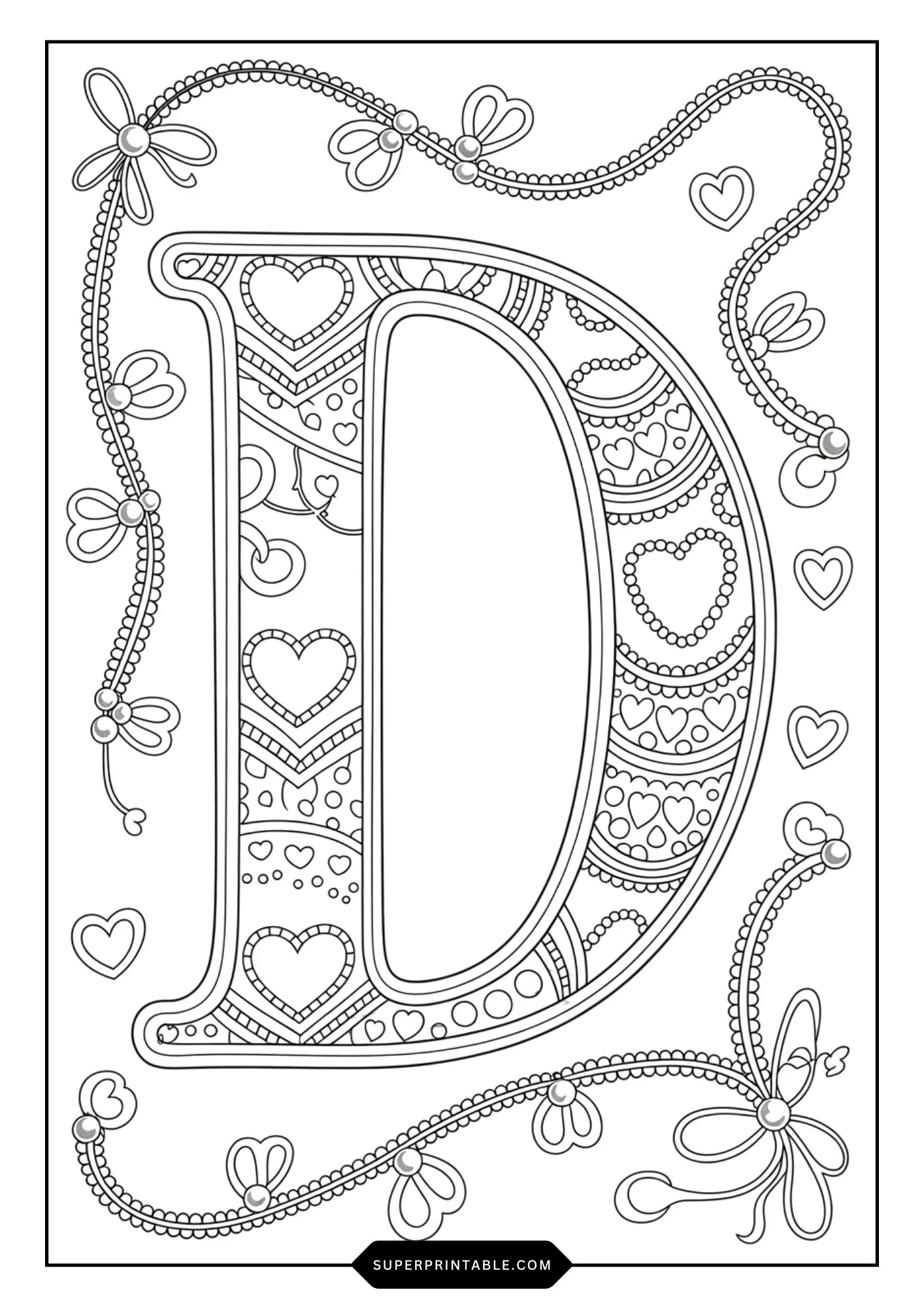 Festive Ribbon & Heart Alphabet Coloring Pages 4